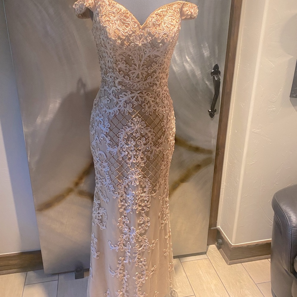 Gold Beaded Off The Shoulder Evening Gown